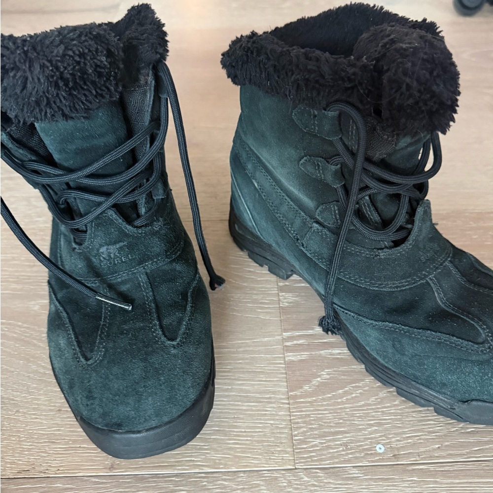 Sorel Women's Black Suede Faux-Fur Cuff Lace-Up Winter Boots